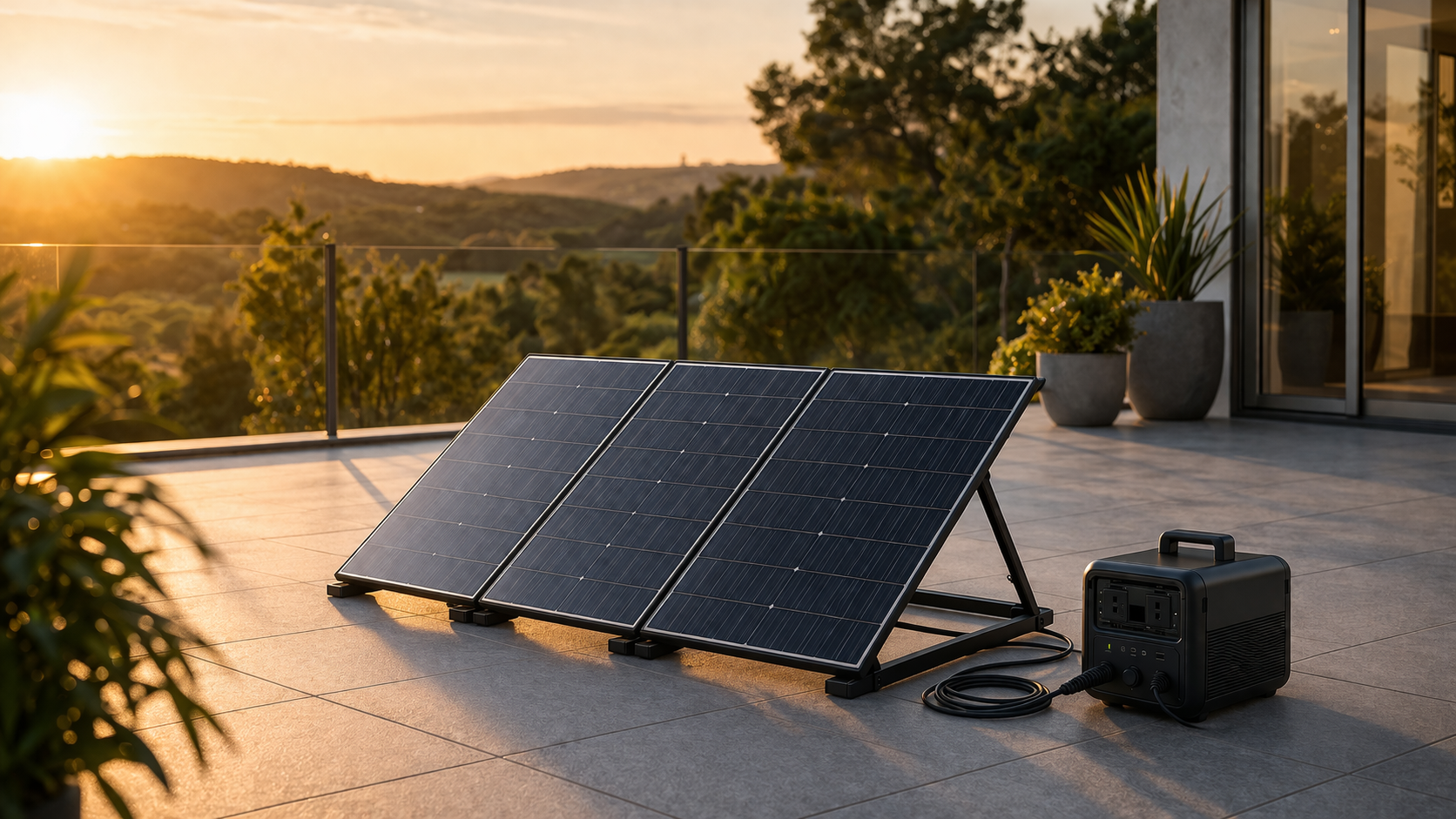 terrasse moderne avec panneaux solaires au coucher du soleil